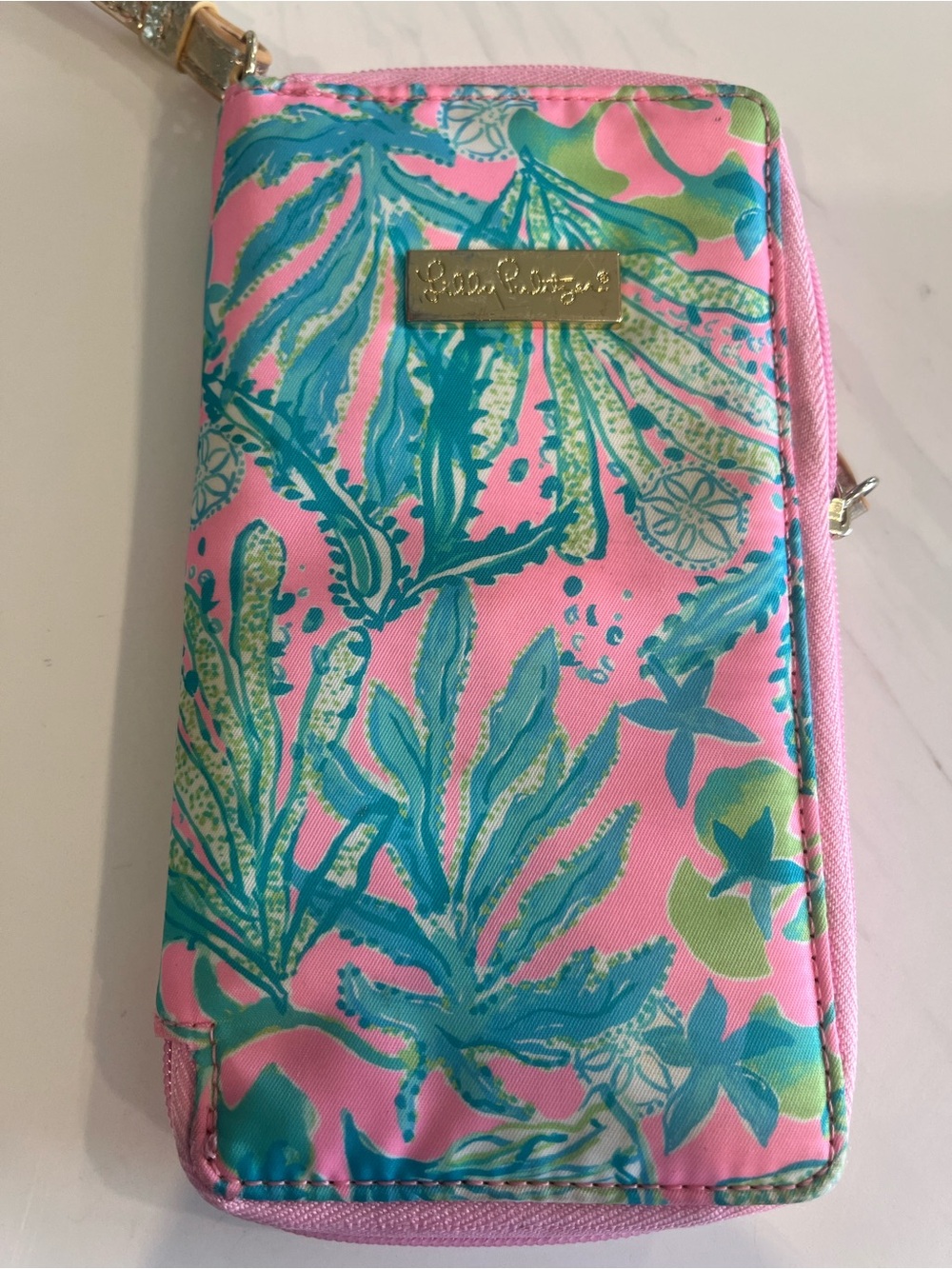 Lilly Pulitzer Pink Tropical Print Wristlet Wallet with Gold Strap - Picture 2 of 11